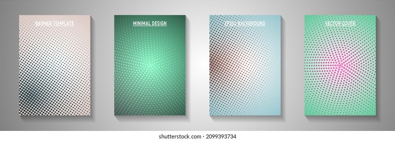 Futuristic point screen tone gradation cover page templates vector collection. Urban magazine faded screen tone backgrounds. Vintage comics style cover leaflets. Gradient design.