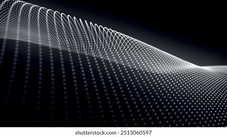 Futuristic point wave of particles. Visualization of sound waves. Technology or science banner. Abstract black and white digital 3D wave. Vector illustration.