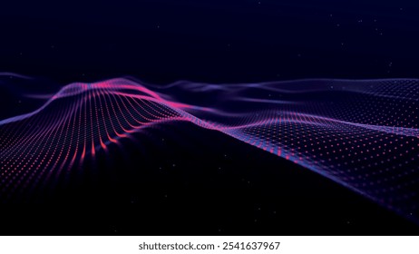 Futuristic point wave of particles. Visualization of sound waves. Dark background. Technology or science banner. Abstract digital 3D wave. Vector illustration.