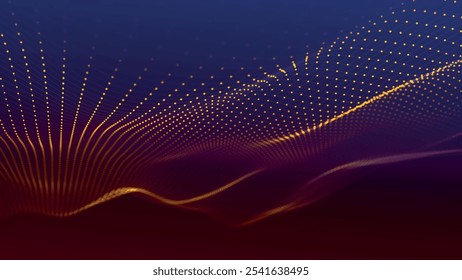 Futuristic point wave of particles. Visualization of sound waves. Dark background. Technology or science banner. Abstract digital 3D wave. Vector illustration.