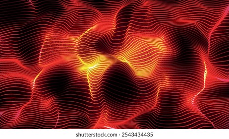 Futuristic point wave of particles. Visualization of sound waves. Dark background. Technology or science banner. Abstract digital 3D wave. Vector illustration.