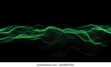 Futuristic point wave of particles. Visualization of sound waves. Dark background. Technology or science banner. Abstract digital 3D wave. Vector illustration.