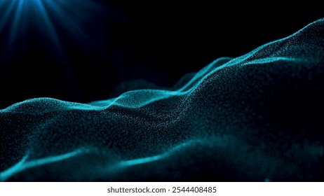 Futuristic point wave of particles. Visualization of sound waves. Dark background. Technology or science banner. Abstract digital 3D wave. Vector illustration.