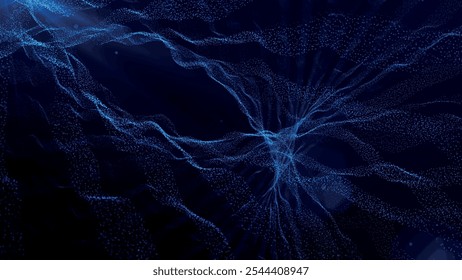 Futuristic point wave of particles. Visualization of sound waves. Dark background. Technology or science banner. Abstract digital 3D wave. Vector illustration.