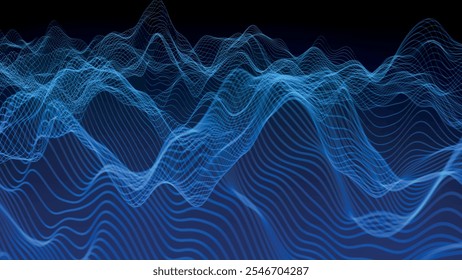 Futuristic point wave of particles. Visualization of sound waves. Dark background. Technology or science banner. Abstract, colorful digital 3D wave. Vector illustration.