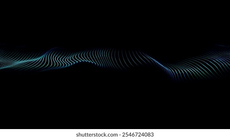 Futuristic point wave of particles. Visualization of sound waves. Dark background. Technology or science banner. Abstract, colorful digital 3D wave. Vector illustration.