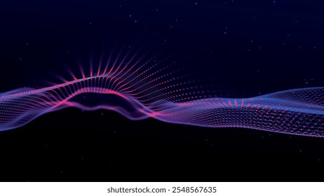 Futuristic point wave of particles. Visualization of sound waves. Dark background. Technology or science banner. Abstract digital 3D wave. Vector illustration.