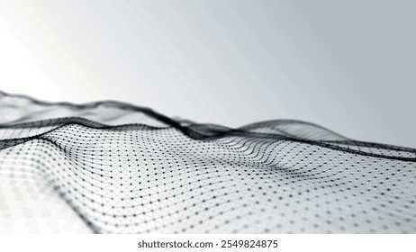 Futuristic point wave of particles. Visualization of sound waves. Technology or science banner. Abstract black and white digital 3D wave. Light background. Vector illustration.