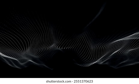 Onda de partículas futurista. Visualização de ondas sonoras. Banner de tecnologia ou ciência. Onda 3D digital preta e branca abstrata. Ilustração vetorial.