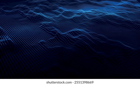 Onda de partículas futurista. Visualização de ondas sonoras. Fundo escuro. Banner de tecnologia ou ciência. Onda 3D digital abstrata. Ilustração vetorial.