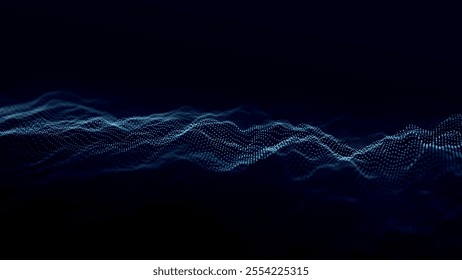 Futuristic point wave of particles. Visualization of sound waves. Dark background. Technology or science banner. Abstract, colorful digital 3D wave. Vector illustration.