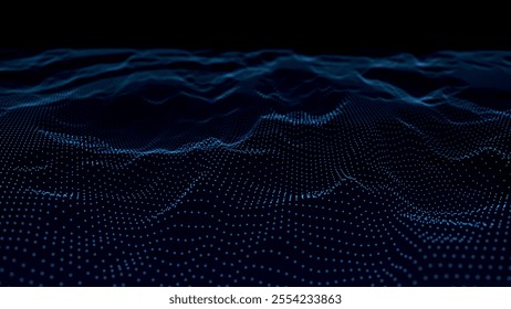 Futuristic point wave of particles. Visualization of sound waves. Dark background. Technology or science banner. Abstract, colorful digital 3D wave. Vector illustration.