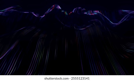 Futuristic point wave of particles. Visualization of sound waves. Dark background. Technology or science banner. Abstract digital 3D wave. Vector illustration.