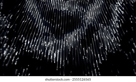 Futuristic point wave of particles. Visualization of sound waves. Dark background. Technology or science banner. Abstract digital 3D wave. Vector illustration.