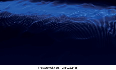 Futuristic point wave of particles. Visualization of sound waves. Dark background. Technology or science banner. Abstract, colorful digital 3D wave. Vector illustration.