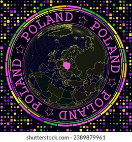 Polonia futurista en el mundo. La vista satelital brillante del mundo se centró en Polonia. Ilustración geográfica con forma de campo y fondo geométrico. Ilustración vectorial creativa.