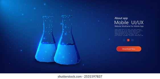 Matraces de química poligonal futurista llenos de líquido, brillando con luz azul y conectados por redes digitales. Investigación científica, tecnología, innovación y biotecnología. Ilustración vectorial