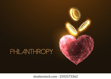 Futuristic polygonal heart with gold coins. Philanthropy, charity, and financial giving in digital economy concept. Social impact, ethical finance, and corporate responsibility. Vector illustration