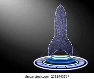 Futuristic Polygonal a Luminous Rocket Launching Rocket is above the technology circle blue neon portal. Business Start up launching product with. Template and Background. Vector illustration
