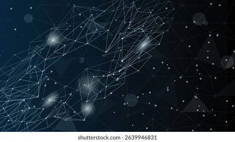 Futuristic polygonal mesh with glowing nodes, dark blue background, digital network, modern tech wallpaper