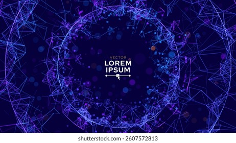Futuristic Polygonal Network Background With Glowing Lines And Geometric Mesh In Circular Frame. Perfect For AI, Blockchain, And Tech Innovation Projects. Vector Illustration.