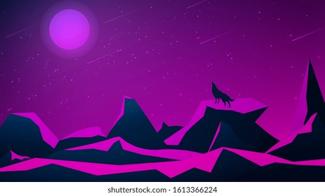 Futuristic polygonal night landscape with mountains and a wolf howling at the moon. Purple starry sky with moon and meteor shower. Vector illustration.