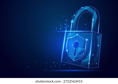 Candado de estructura de alambre poligonal futurista con escudo azul brillante y ojo de la cerradura, que simboliza la ciberseguridad y la protección de datos. Ilustración vectorial.