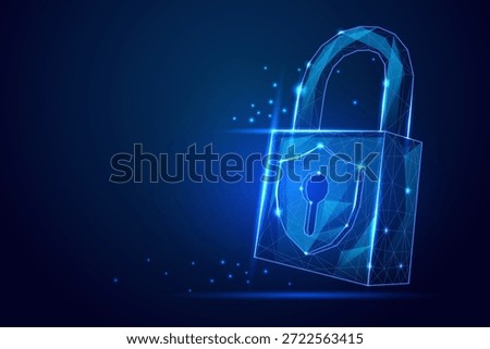 Futuristic Polygonal wireframe padlock with glowing blue shield and keyhole, symbolizing cybersecurity and data protection. vector illustration.