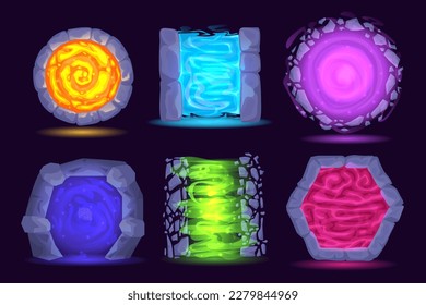 Futuristic portal to another world. Fantasy game gate to another dimensions, magic teleport and stone arches between worlds