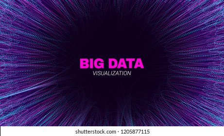 Concept du portail futuriste. Visualisation des flux de données volumineux. Affiche technologique avec effet de profondeur et de mouvement fractionnés. Lignes et points d'onde. Arrière-Plan Vectoriel abstrait du Big Data Stream dans le Portail.