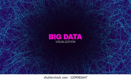 Futuristic Portal Concept. Big Data Stream Visualization. Technology Poster with Effect of Fractal Depth and Motion. Wave Lines and Dots. Abstract Vector Background of Big Data Stream in the Portal.