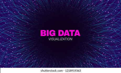 Futuristic Portal Concept. Big Data Stream Visualization. Technology Poster with Effect of Fractal Depth and Motion. Wave Lines and Dots. Abstract Vector Background of Big Data Stream in the Portal.