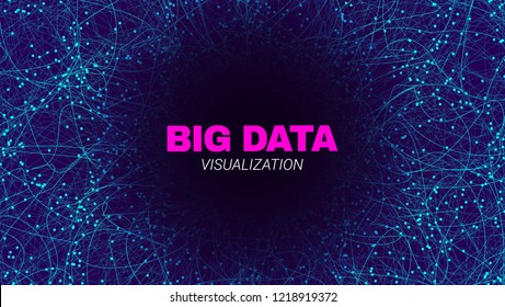 Futuristic Portal Concept. Big Data Stream Visualization. Technology Poster with Effect of Fractal Depth and Motion. Wave Lines and Dots. Abstract Vector Background of Big Data Stream in the Portal.