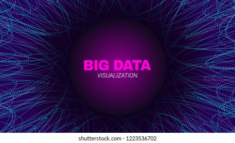 Futuristic Portal Concept. Big Data Stream Visualization. Technology Poster with Effect of Fractal Depth and Motion. Wave Lines and Dots. Abstract Vector Background of Big Data Stream in the Portal.
