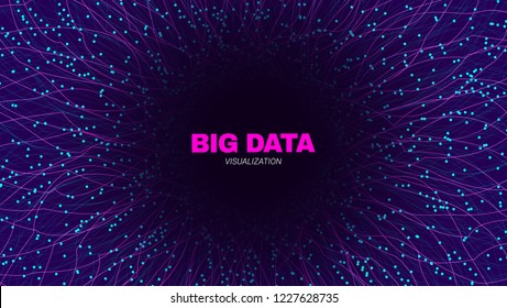Futuristic Portal Concept. Big Data Stream Visualization. Technology Poster with Effect of Fractal Depth and Motion. Wave Lines and Dots. Abstract Vector Background of Big Data Stream in the Portal.