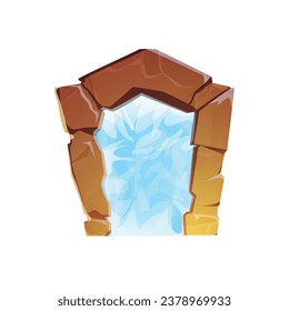 Futuristic portal to fairy world. Fantasy game gate to another dimensions, magic teleport and stone arches between universe. Vector isolated teleportation process game effect