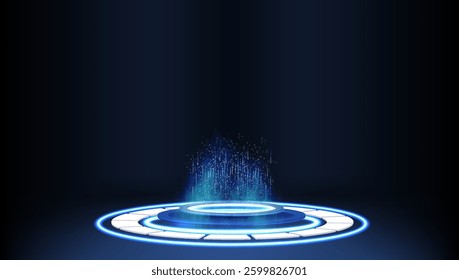Futuristic portal with glowing blue lights and sparkling particles in a dark environment