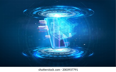 A futuristic portal, glowing circles on a blue background. Phone layout with 3D visualization, augmented reality, neon cyberpunk. Digital Media Technology for website and mobile app. Vector 