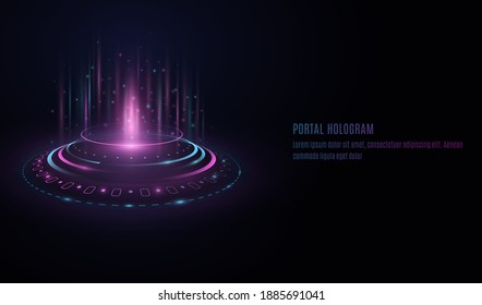 Futuristic portal hologram with HUD interface elements on transparent background. Purple and blue light effect. Glowing circles with highlights and flares. UI design. Vector illustration. EPS 10