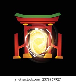 Futuristic portal with red columns in Asian style to fairy world. Fantasy game gate to another dimensions, magic teleport between universe. Vector teleportation process game effect on dark