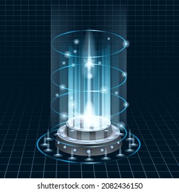 Futuristic portal sky-fi digital, circle science teleport tunnel with light rays and glows, podium, projector. Vector illustration, black blue background