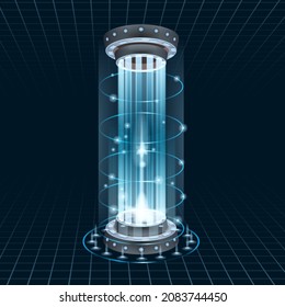 Futuristic portal sky-fi digital, circle science teleport tunnel with light rays and glows, podium, projector. Vector illustration, black blue background
