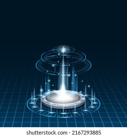 Futuristic portal sky-fi digital, circle science teleport tunnel with light rays and glows, podium, projector. Vector illustration, black blue background
