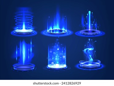 Futuristic Portals With Blue Neon Glow Connect Realms, Emitting Ethereal Hues. As Travelers Step Through Time And Space