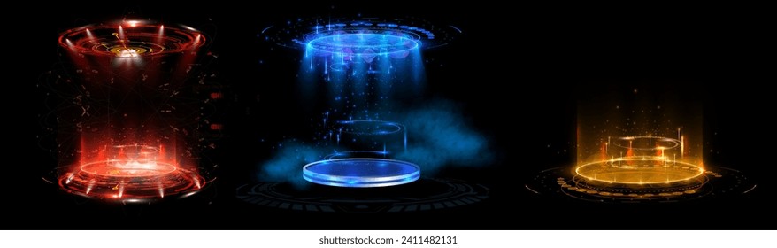 Futuristische Portale, magischer Hologramm-Teleport mit quadratischem Podium. Rot, blau, gelber Blitzgefühl, Teleportrahmen zu Fantasiewelt. Futuristischer Cyberpunk-Stil. SkyFi-Elemente für digitale Hightech-Technik