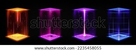 Futuristic portals, magic hologram teleport with square podium. Time travel booth, virtual reality projector with colorful light beams. Sky-fi HUD technology style GUI, UI 3d Vector illustration