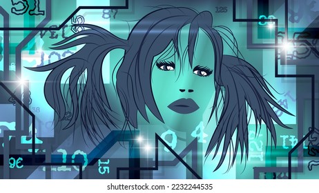 Futuristic portrait of a girl in neon colors. Flashes of light, numbers, intersecting broken stripes are randomly located around a woman's face. Author's work. Vector.