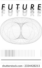 Futuristic poster with 3d geometric shapes. Black and white. Digital vectorial line illustration. Minimalist design.  Decoration, wallpaper, presentations.