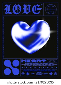 Futuristic poster with 3D heart. Stylish print in techno style for streetwear, print for t-shirts and sweatshirts on a black background