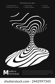 Futuristic poster black and white. Minimalistic creativity and art. Dynamic liquid waves. Poster or banner for website. Cartoon flat vector illustration isolated on black background